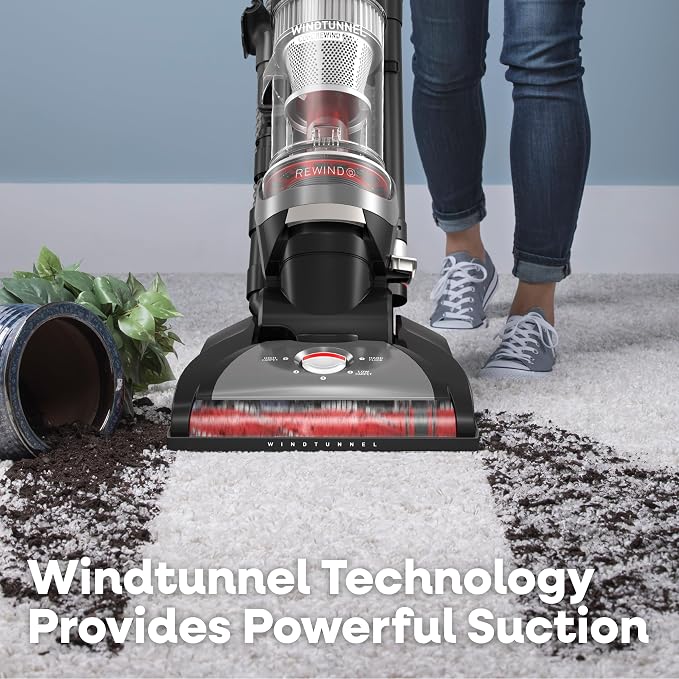 Hoover WindTunnel Cord Rewind Pro Bagless Vacuum Cleaner, Corded Upright Vacuum Cleaner for Carpet and Hard Floor, Multi-Cyclonic Filtration, 25ft Auto-Rewind Cord, 5-Height Adjustment