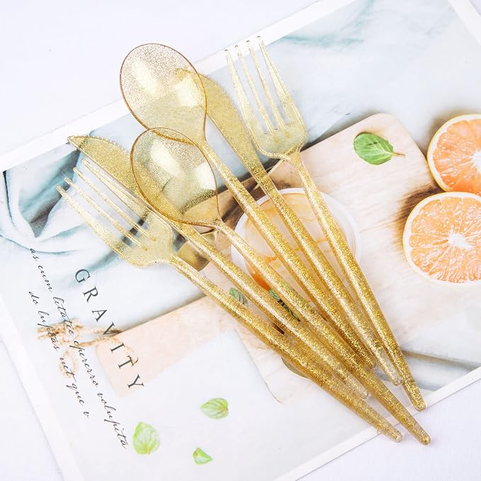Supernal 180pcs Gold Plastic Silverware Durable Plastic Silverware Gold Glitter Color Party Cutlery Disposable Flatware Heavy Duty Include 60 Forks,60 Knvies,60 Spoons for Wedding,Birthday