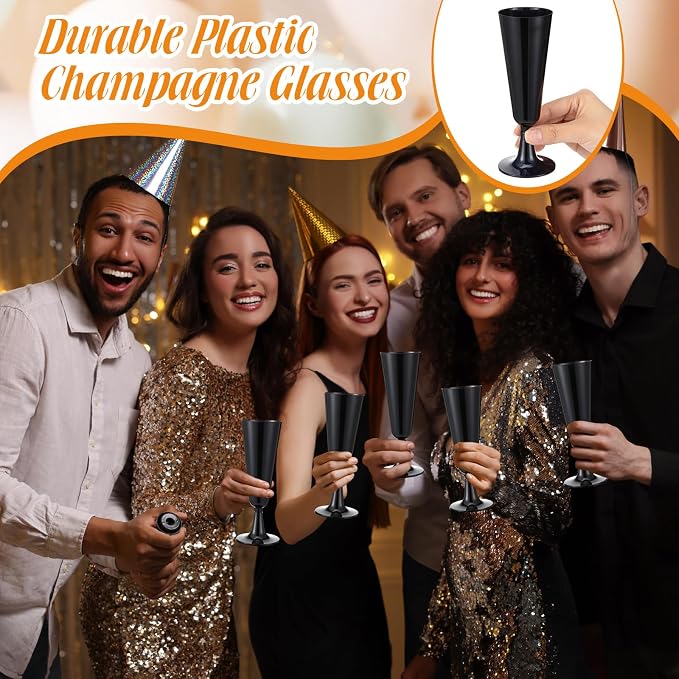 Domensi 100 Pack Black Champagne Flutes Bulk Plastic Disposable Champagne Glasses 5.5 oz Plastic Mimosa Glasses Wedding Cocktail Cups for Engagement Birthday Graduation Decor 2026 Party Supplies