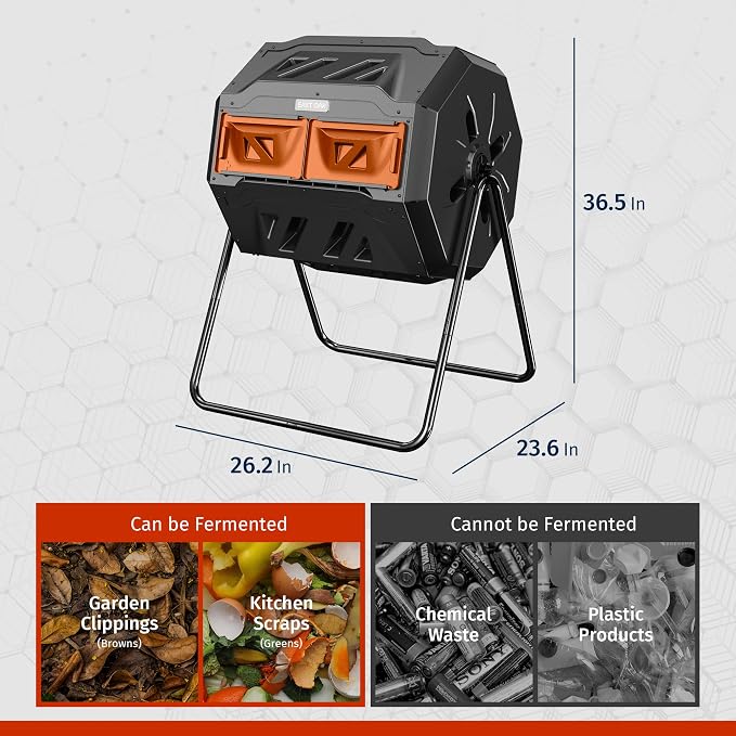 East Oak Compost Tumbler Outdoor, 43-Gallon Tumbling Compost Bin with 2 Sliding Orange Doors & Aeration System, Tumbling Rotating Composter Bin for Kitchen, Garden, Yard,