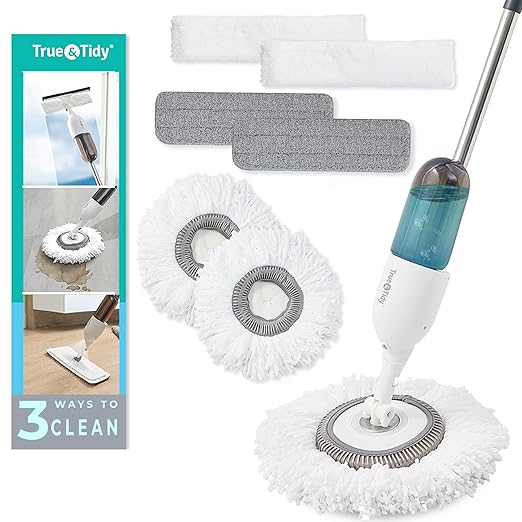 True & Tidy Clean Everywhere Spray Mop Kit Premium Floor Spray Mop Refill with Any Cleaning Solution, Includes 6 Pads (2 Microfiber, 2 Round, 2 Squeegee Pad)