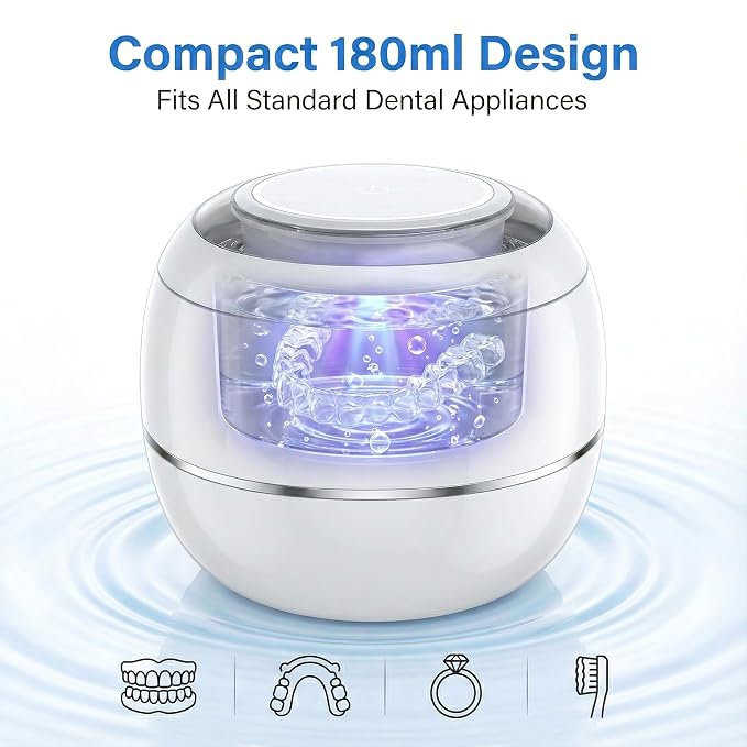 Ultrasonic Retainer Cleaner Machine, White, 42KHZ Dental Cleaning Pod For Denture, Toothbrush Heads,Jewelry, Braces, Digital Timer with 2 Modes, 180ML,304 stainless steel inner liner