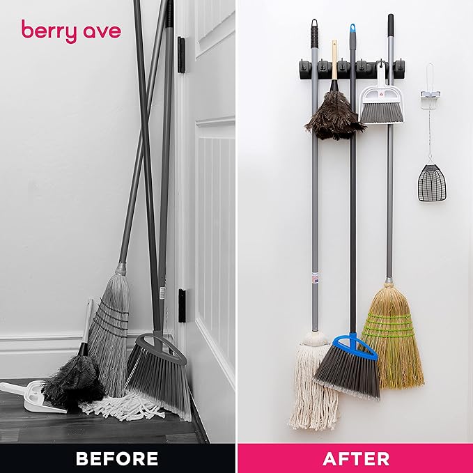 Berry Ave Broom Holder Black (1 Pack) and Drawer Dividers Organizer, 4" High, Expandable from 11"-17" (4-Pack)