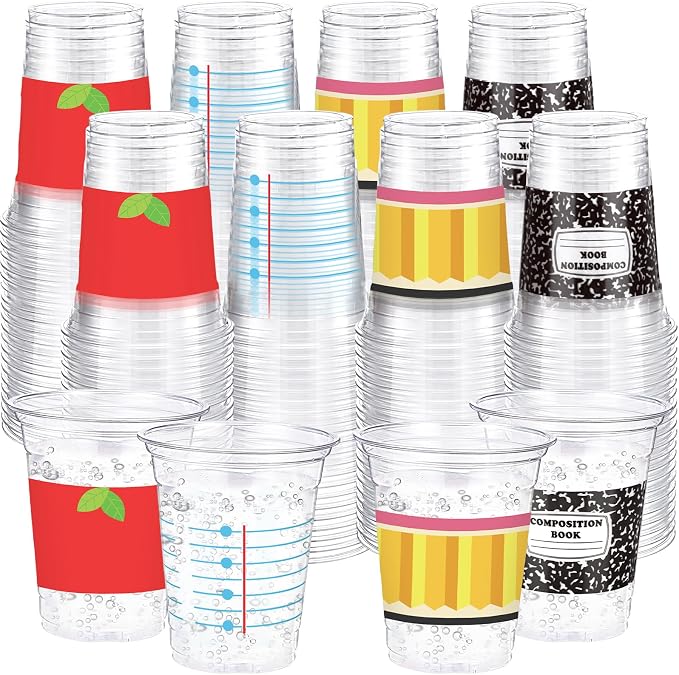 Funnymoom 120 Pcs Back to School Plastic Cups 12oz Composition Notebook Yellow Pencil Disposable Drinking Cups for First Day of School Graduation Teacher Appreciation Party Decoration Supplies