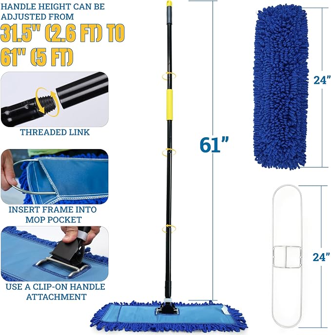 KLEEN HANDLER 24" Microfiber Dust Mop with Frame and 61" Extendable Clip-On Handle (2 Mop Heads, 1 Frame, 1 Handle), Commercial Dust Mop Kit for Floor Cleaning