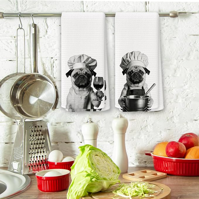 Funny Chef Pug Kitchen Towels Set of 2, Pug Dog Gifts for Women Dish Tea Towels for Kitchen, Dog Mom Lovers Owner Gifts Decorative Hand Towel, 16x24 Inch