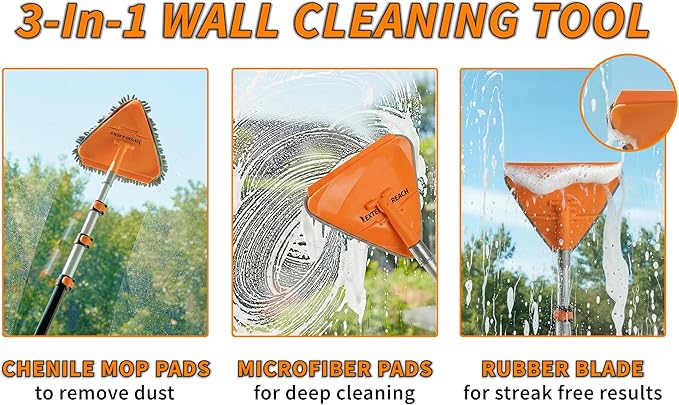 4-12 ft Wall Cleaner Tool with Extension Pole // 3-in-1 Wall Washer Mop for Painted Walls, Baseboards, Windows and High Ceilings // Long Handle Wall and Baseboard Cleaning Mop with 4 Replacement Pads