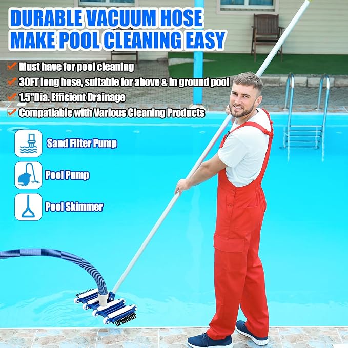2 Pcs Pool Cleaning Vacuum Kits Include 14" Swimming Pool Vacuum Head with Flexible Wheels and 1-1/2" x 18 FT Hoses for Inground Above Ground Pond Cleaning, Pole Not Included (Side Brushes)