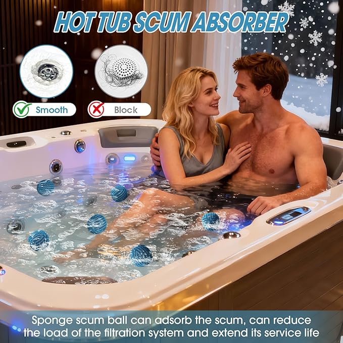 Hot Tub Scum Absorber, Spa & Pool Scum Eliminating Balls,Hot Tub Scum Balls,Scum Sponge for Spa Hot Tub, Hot Tub Accessories, Oil Absorbing Sponge for Hot Tub Skimmer (Blue-4 Pack)