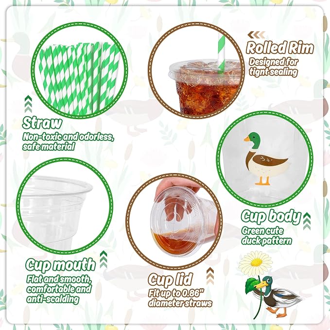 Whaline 50 Pcs Mallard Duck Disposable Plastic Cups with Lids and Straws 12 Oz Cute Green Duck Cold Beverage Drinking Cups for Birthday Baby Shower Party Supplies