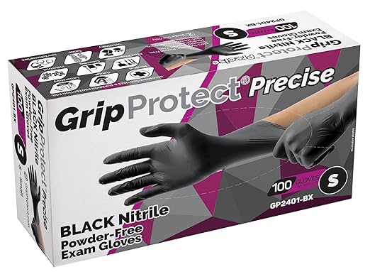 GripProtect® Precise Black Nitrile Gloves, Exam, 4 Mil, Food, Home, Cleaning, Medical/Dental, Tattoo (Small, 100)