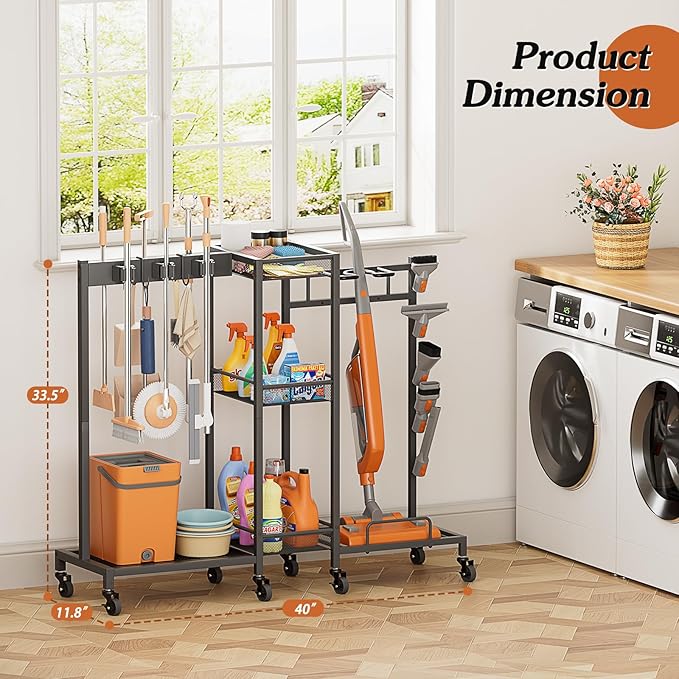 Broom and Mop Holder with Cleaning Supplies Organizer
