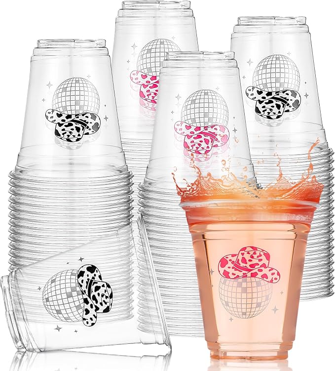 Sliner 100 Pcs Black and Pink Disco Cowgirl Plastic Cups Bachelorette Party Decorations 12 oz Disposable Clear Disco Ball Cups for Bachelorette Birthday Wedding 70s 80s 90s Party