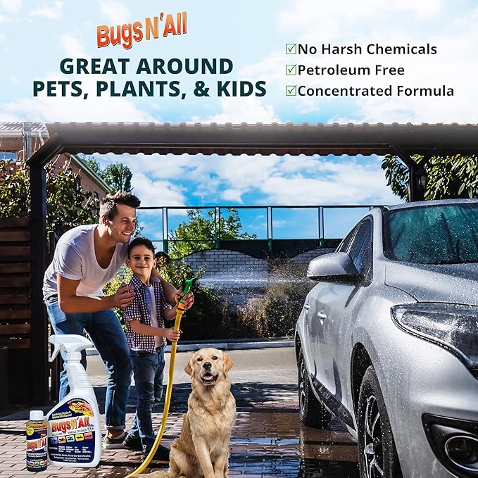 Bugs N' All Multi Surface Cleaner Spray Concentrate 4 oz. w/Empty Cleaning Spray Bottle 32 oz. & Bug Sponge for Car Washing - Mutli-Vehicle Cleaning - Bug & Tar Remover for all Vehicles