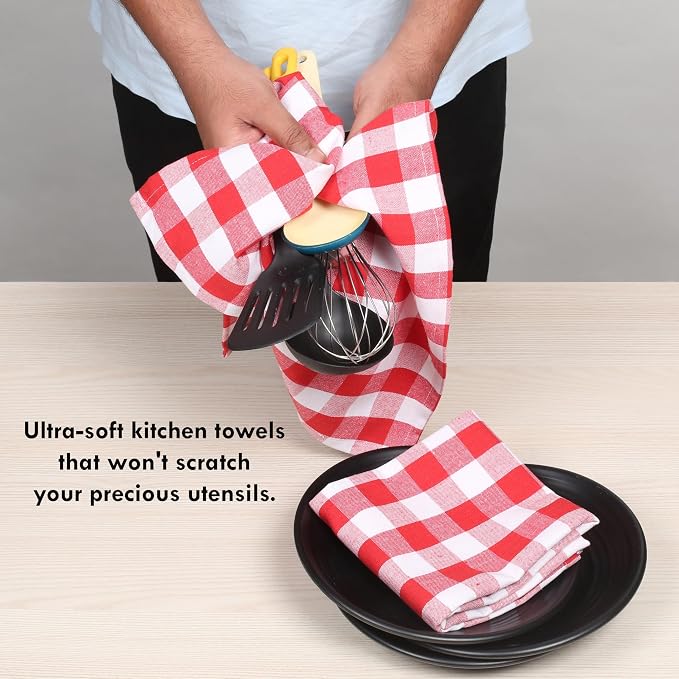4 Pack Gingham Buffalo Check Kitchen Dish Towels 100% Cotton 16x26 Inches - Super Absorbent Quick Drying Hand Tea Towels, Restaurant Cleaning Towels with Hanging Loop, Red White
