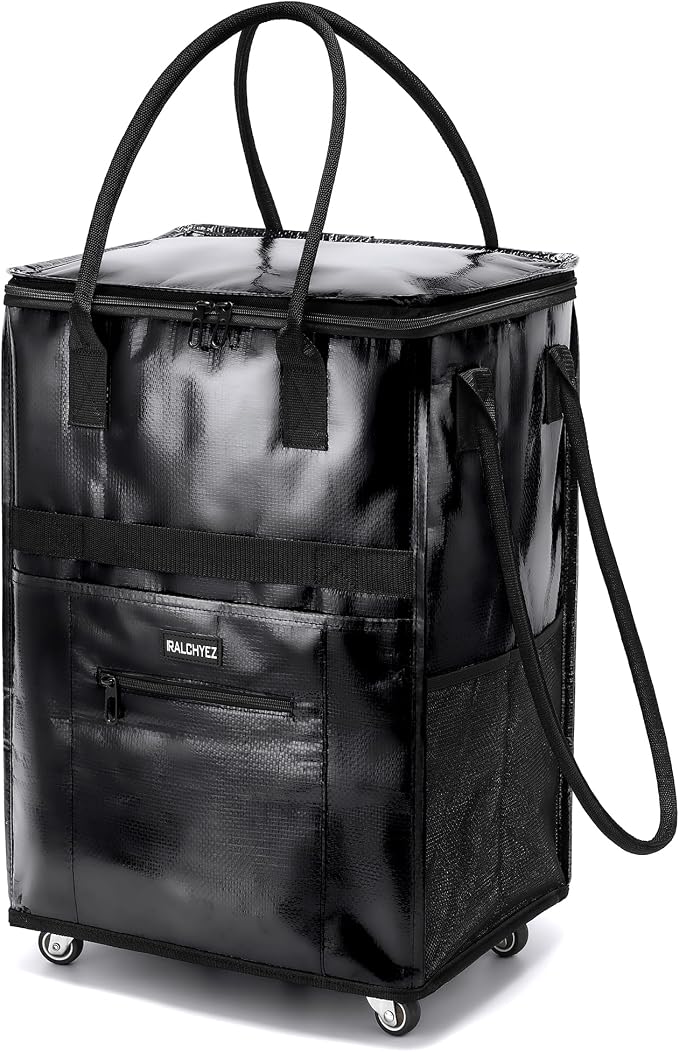 RalChyez Reusable Grocery Bags on Wheels, 67L Rolling Tote Grocery Bag with Handle and Zipper Cover Foldable Shopping Cart Trolley Laundry Basket Bag Black Medium