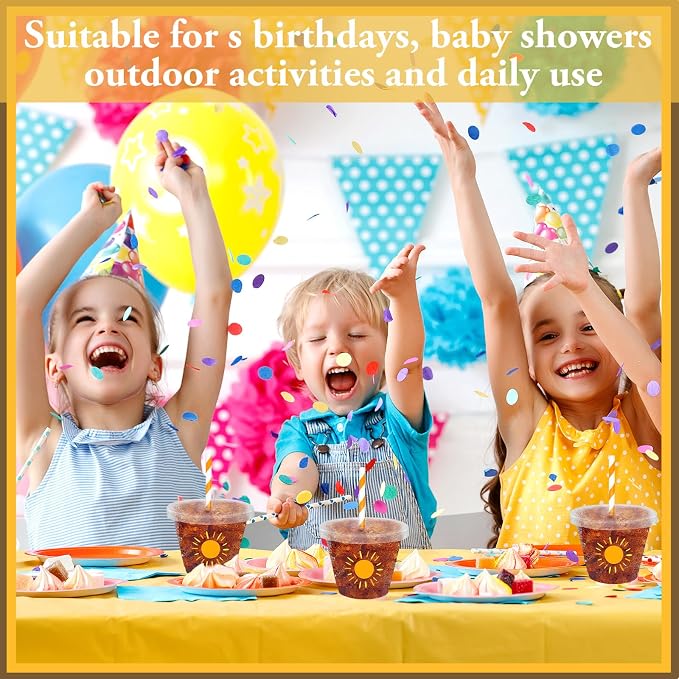 Whaline 100Pcs 9Oz Boho Sun Disposable Plastic Cups with Lids and Straws Cute Yellow Sunshine Cold Beverage Drinking Cups for Iced Coffee Smooth Juice Tea Milkshake