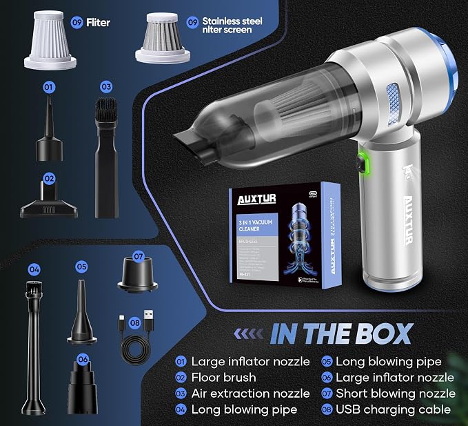 Handheld Cordless Car Vacuum|3 in 1 15000PA Mini Cleaner,120W High Power Brushless Motor,Super Suction Power Vacuums with Type-C Data Cable, Small Portable and Rechargeable Cleaner (Sliver)