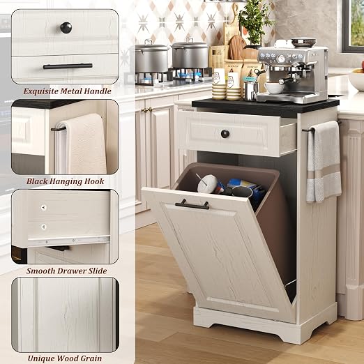 Function Home Trash Can Cabinet, 13 Gallon Tilt Out Trash Cabinet, Wooden Kitchen Garbage Can with Hideaway Drawer, Pet Proof Trash Can Holder for Kitchen Living Room, Antique White with Black Top