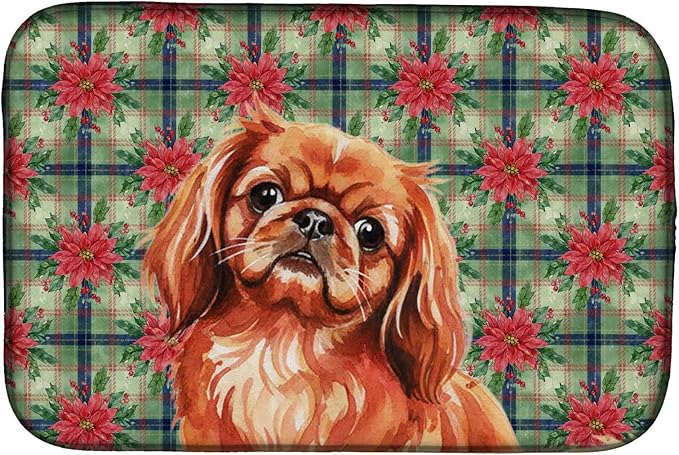 Caroline's Treasures Red Pekingese Christmas PoinsettIas Dish Drying Mat Absorbent Dish Drying Mat Pad for Kitchen Counter Dish Drainer Mat for Countertop, 14 x 21", Multicolor