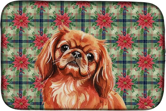 Caroline's Treasures Red Pekingese Christmas PoinsettIas Dish Drying Mat Absorbent Dish Drying Mat Pad for Kitchen Counter Dish Drainer Mat for Countertop, 14 x 21", Multicolor