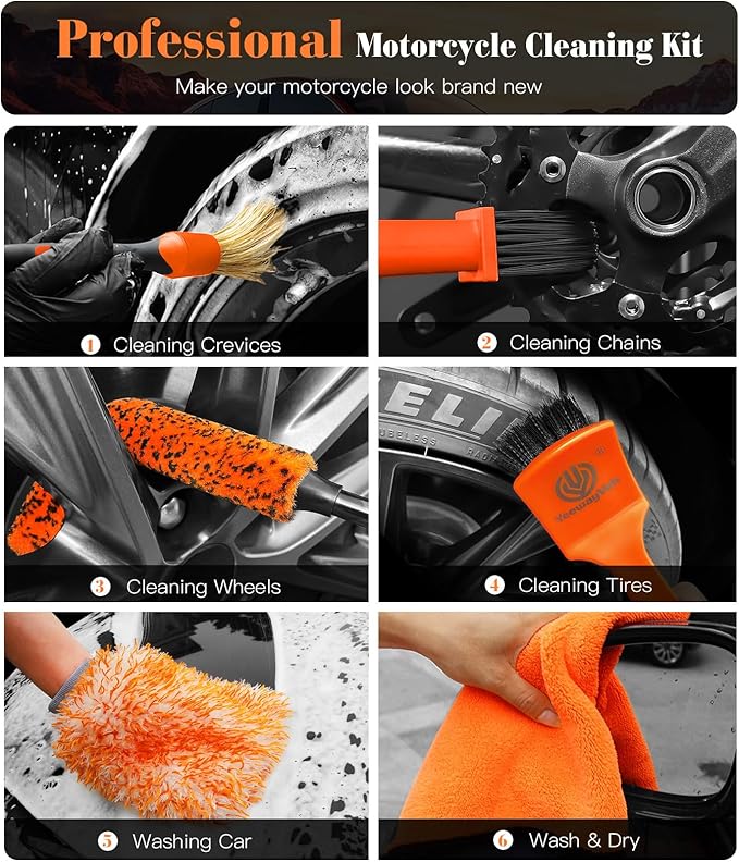 YeewayVeh 7PCS Motorcycle Cleaning Kit with 2-Size Bendable Wheel Brushes-Hard Reach Brush,Tire and Chain Brush, Boar Hair Detailing Brush, Wash Mitt & Microfiber Towel for Dirt Bike & Car Wheels