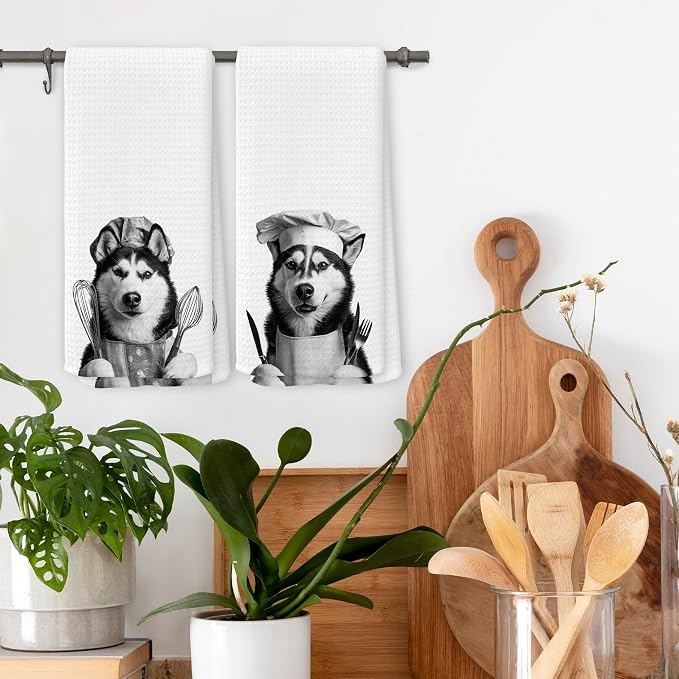 Funny Chef Siberian Husky Kitchen Towels Set of 2, Husky Lovers Gifts Dish Tea Towels for Kitchen, Dog Mom Dad Lovers Owner Gifts Decorative Hand Towel, 16x24 Inch