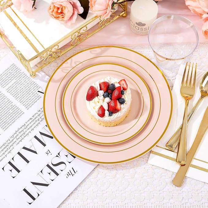GATHER 700PCS Pink Plastic Plates - Gold Rim Disposable Plastic Dinnerware Set Include 200 Pink Plates, 300 Silverware, 100 Napkins, 100 Cups for Party & Wedding & Baby Shower
