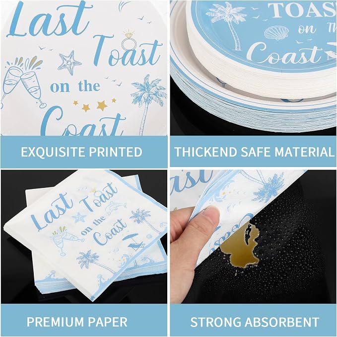 200PCS Last Toast on the Coast Party Supplies Serve 50,Coastal Bachelorette Party Paper Plates,Napkins,And Forks Kit for Birthday,Summer, Bachelorette Parties Decorations