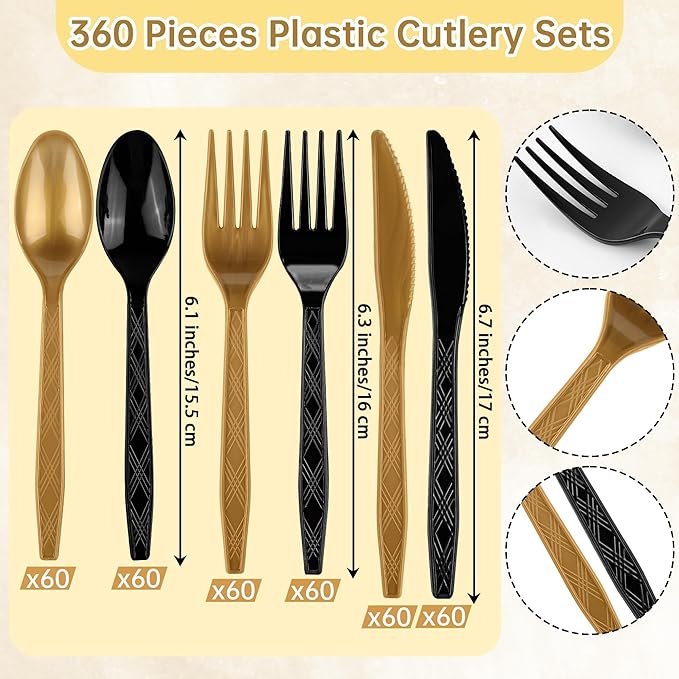 Kochorie 360 Pieces Graduation Party Plastic Cutlery Set Black and Gold Disposable Plastic Utensils Heavy Duty Flatware Set Include 120 Knives 120 Forks 120 Spoons for Graduation Wedding Birthday