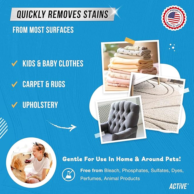 ACTIVE Messy Kids Stain Remover and Washing Machine Cleaner - Includes 12oz Kid Stain Removal Spray and 24ct Washing Machine Cleaner Tablets