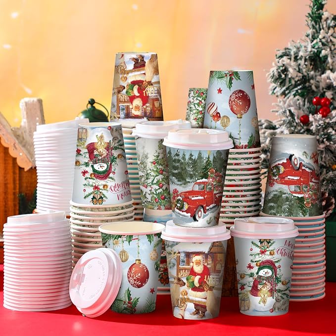 Gerrii 100 Set Christmas Paper Cups Disposable 12 oz with Lids Hot Chocolate Cups Coffee Cups Holiday Hot Cups for Hot and Cold Drinks Tea Water Bar Supplies Winter Season (Vintage Rural Style)