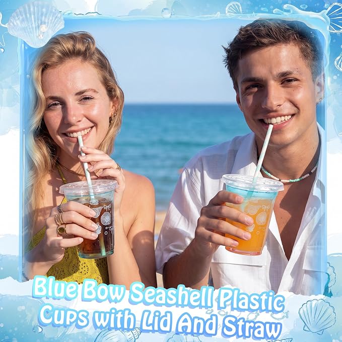 Domensi 25 Sets Seashell Themed Plastic Cups with Lids and Paper Straws 12oz Blue Ocean Disposable Drinking Cups Bulk for Cold Drinks Baby Shower Wedding Summer Theme Birthday Party Supplies