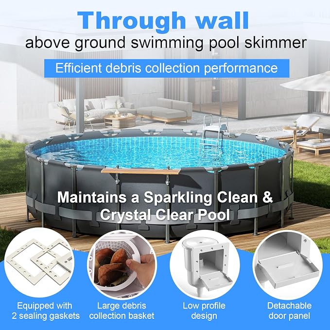 Pool Skimmer for Above Ground Pool, Through Wall Above Ground Pool Skimmer Set, Replacement Above-Ground Pool Skimmer (Compatible with SP1091LX) Suitable for Leaves, Hair, Insects and Debris