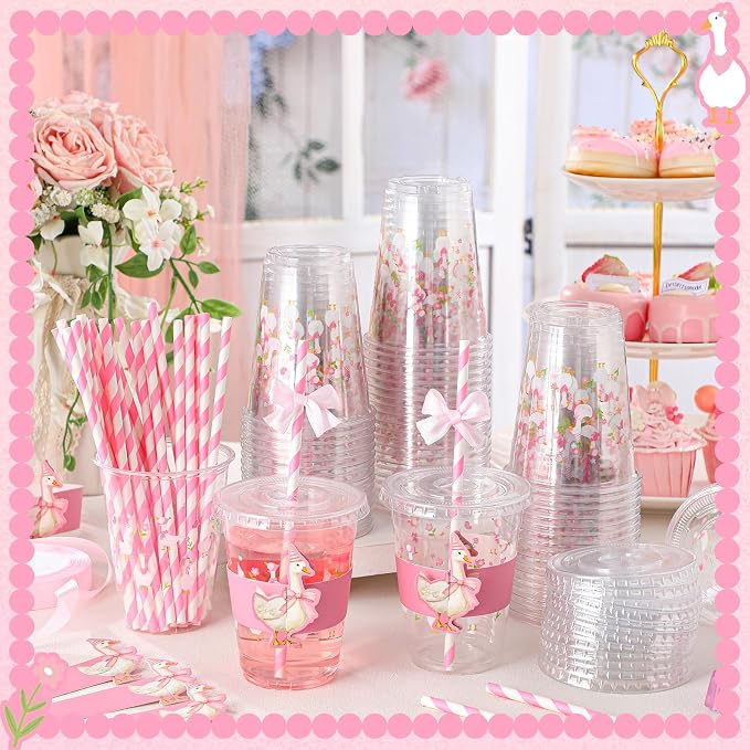 Jingmore 60 Sets Plastic Cups Bulk 12 oz Plastic Disposable Cups with Lids Sleeves and Straws Smoothie Clear Drink Disposable Party Favor Holiday Birthday Wedding Party Supplies(Silly Goose)