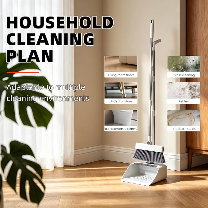 SDSM Broom with Dustpan Combo Set, 4 in 1 Multifunctional Broom and Dustpan with 52" Long Handle, Concealed Squeegee and Cleaning Brush, for Clean Home Kitchen Bathroom Office, Indoor Outdoor Floor