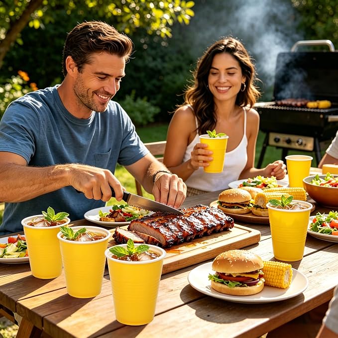 Kochorie 100 Pack Yellow Disposable Plastic Cups 12 Ounce Drinking Party Cups Bulk Party Cup for Summer Graduation Birthday Tropical Parties, Outdoor Barbecues Picnics Events