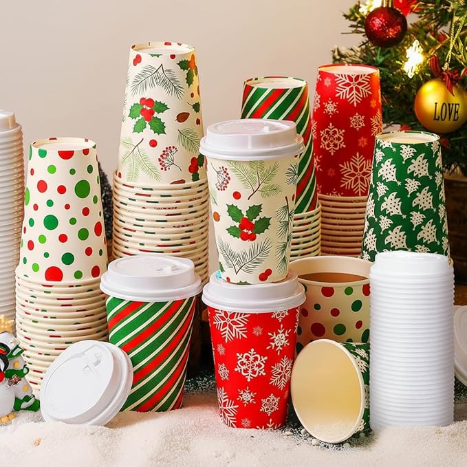 Gerrii 100 Set Christmas Paper Cups Disposable 12 oz with Lids Hot Chocolate Cups Coffee Cups Holiday Hot Cups for Hot and Cold Drinks Tea Water Bar Supplies Winter Season(Pretty Style)