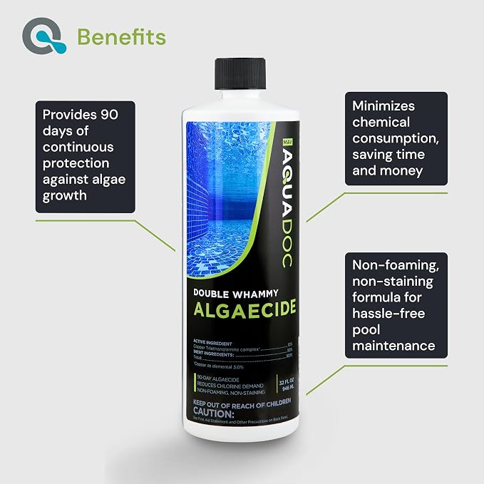 AquaDoc Copper Pool Algaecide for Swimming Pools - 32 oz - 90 Day Algaecide for Inground & Above Ground Pools - Non-Foaming, Non-Staining Formula, Reduces Chlorine Demand