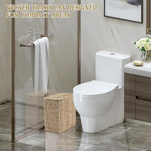 Wicker Trash Can with Lid and Liner, Bathroom Trash Can with Lid, Natural Water Hyacinth Wicker Waste Basket, Boho Rattan Garbage Wastebasket for Bedroom Living Room Office Kitchen