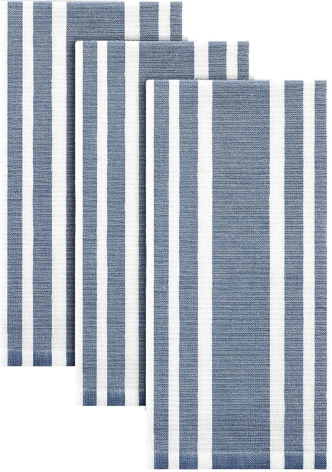 Homaxy Premium Kitchen Towels 18”x 28”, Large Cotton 380 GSM Kitchen Hand Towels, Stripe and Terry Dish Towel, Highly Absorbent Tea Towel Set with Hanging Loop, 3 Pack, Navy Blue