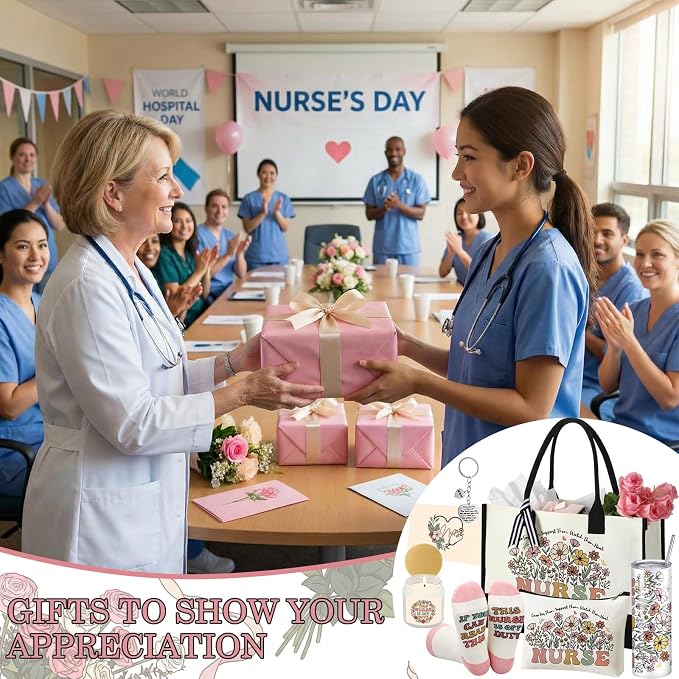 Patelai 7 Pcs Nurse Appreciation Gift Set, Thank You Nurses Gifts with 20oz Tumbler Tote Bag Candle Socks Makeup Bag Keychain Card, Nurse Week Gifts Nursing Graduation Gift for Women Nurses CNA RN