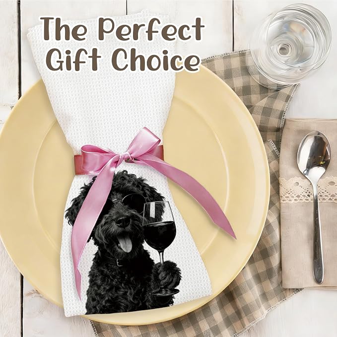 Funny Black Portuguese Water Dog Wine Bar Kitchen Towels, Dog Gifts for Women Decorative Hand Towels for Kitchen Decor, Dog Mom Dad Lovers Owner Gifts Dish Tea Towel, 16x24 Inch