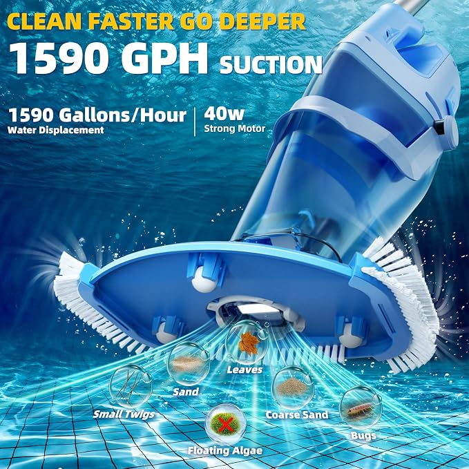 Cordless Pool Vacuum Above & Inground Pools, Powerful 1590 GPH Suction,Handheld Telescopic Pole up to 85.45", 1H Runtime, 2L Debris Bin, Rechargeable Pool Cleaner for Spas & Hot Tubs (Blue&Grey)