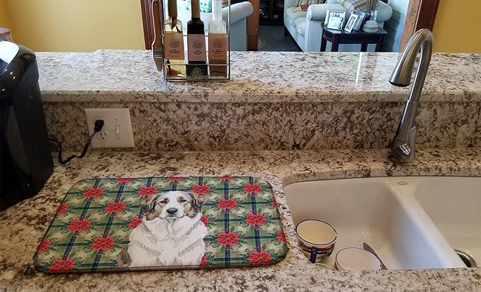 Caroline's Treasures Badger Great Pyrenees Christmas PoinsettIas Dish Drying Mat Absorbent Dish Drying Mat Pad for Kitchen Counter Dish Drainer Mat for Countertop, 14 x 21", Multicolor