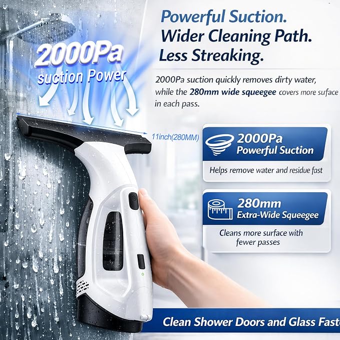 Window Vacuum Squeegee Cordless, Electric Window Cleaner Tool with 2000Pa Suction, 2200mAh Rechargeable Battery, 150mL Detachable Tank, 11-Inch Blade for Windows, Shower Doors, Mirrors, Tiles