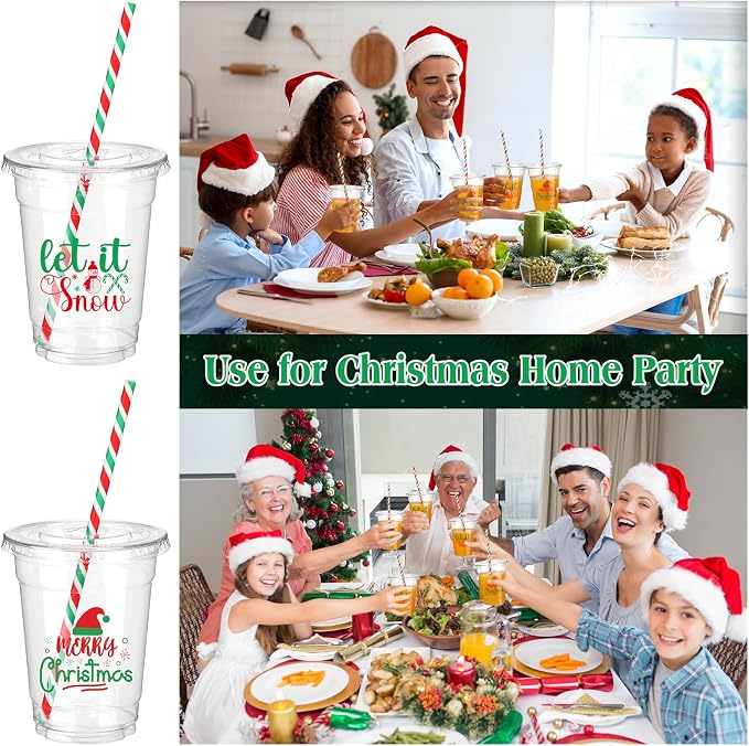Yaomiao 300 Pcs 12 oz Christmas in July Plastic Cups with Lids and Straw Christmas Plastic Cups Merry Christmas Disposable Clear Cups Xmas Cups Holiday Cups for Beer Coffee Snacks Party