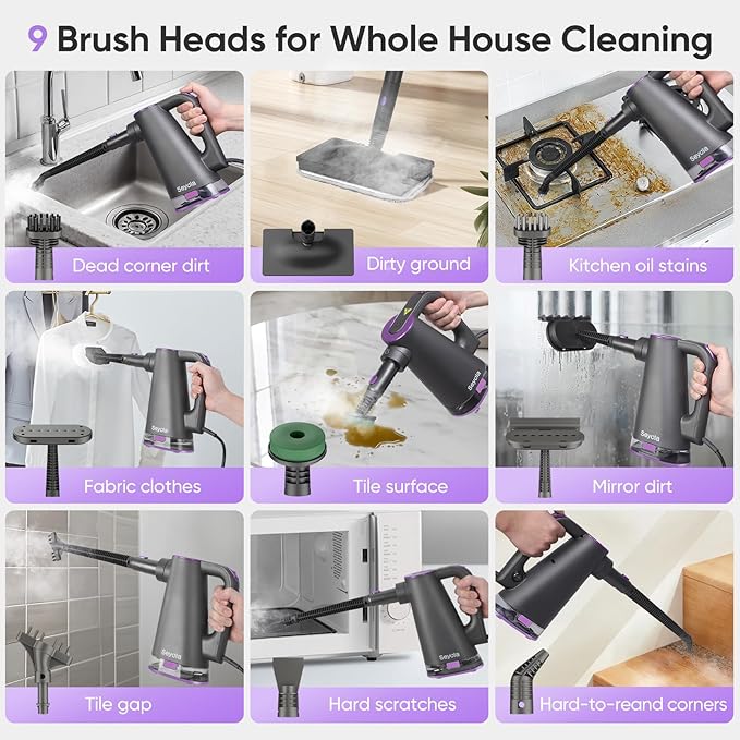 Seyola Steam Mop Cleaner for Hardwood Floor Cleaning, Hands-free Steamer Cleaner Handheld with 9-in-1 Multi-purpose Attachments for Bathroom, Windows, Sofas, Clothes, Tiles Grout (Purple-Grey)