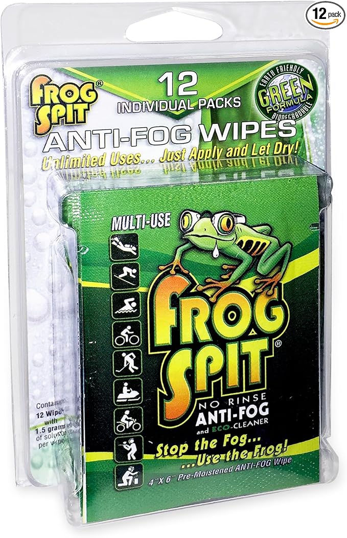 Frog Spit Pre-Moistened Anti-Fog Wipes | 12-Pack | Individually Packaged Travel Anti Fog Wipes for Glasses, Goggles, Face Masks, Helmet Face Shields