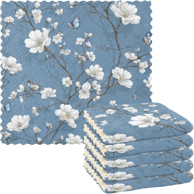 Blue Floral Butterfly Kitchen Towels Dish Cloths Set of 6 Microfiber Cleaning Cloths for Cars Super Absorbent Machine
